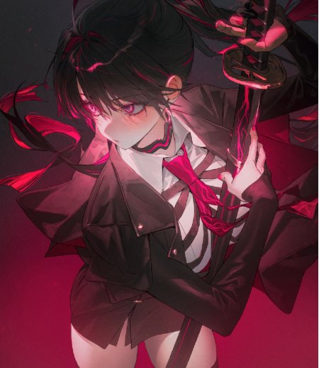 黑发少女持武士刀红黑配色凌厉战斗动漫手机壁纸