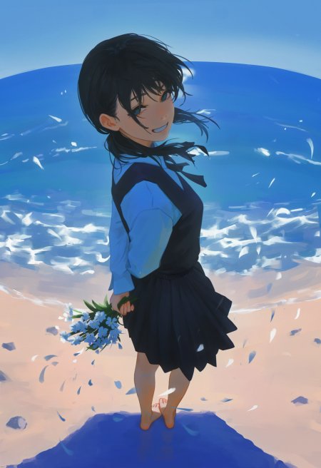 黑发少女海边持花蓝白动漫手机壁纸