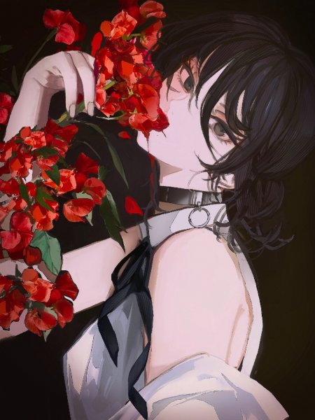 黑发少女捧红花暗调唯美动漫手机壁纸
