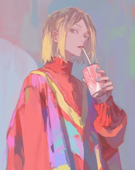 金发少女喝可乐粉紫动漫手机壁纸