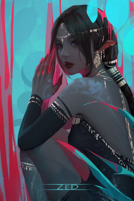 精灵少女红瞳银饰青红幻彩动漫手机壁纸