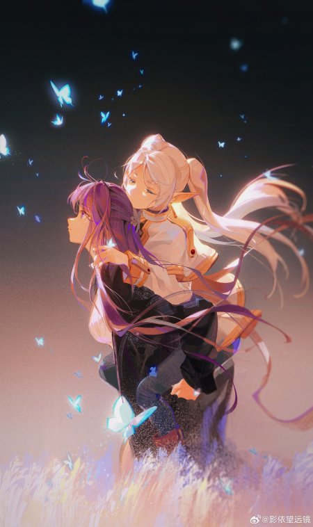 精灵少女拥抱紫发少女蓝光蝴蝶粉紫动漫手机