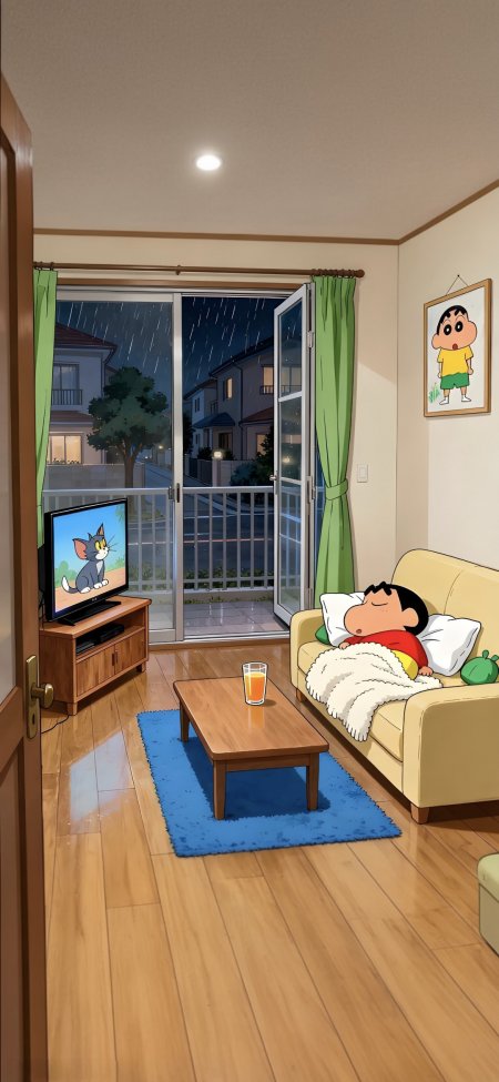 蜡笔小新沙发午睡雨夜客厅温馨动漫手机壁纸