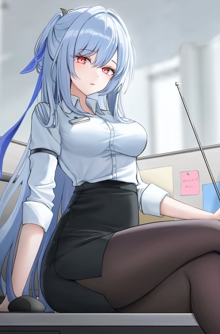 蓝发红瞳女职员办公室坐姿动漫手机壁纸