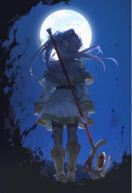 蓝发少女持杖月下站立蓝紫动漫手机壁纸