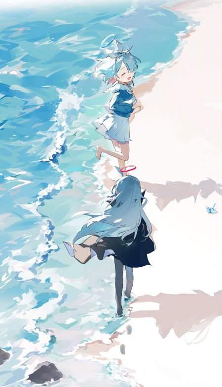 蓝发少女海边嬉戏蓝白动漫手机壁纸