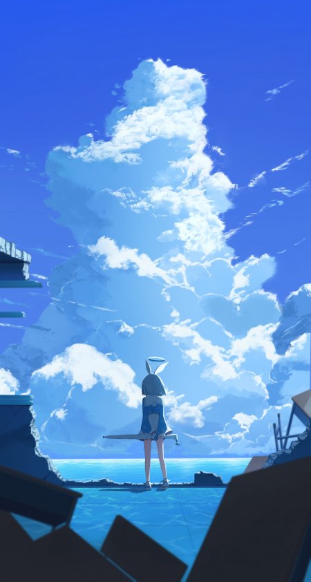 蓝空云海兔耳少女持剑仰望蓝白动漫手机壁纸