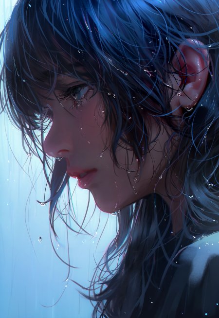 蓝发少女雨中侧颜蓝紫动漫手机壁纸
