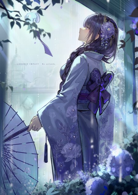 雷电将军紫衣和服雨中侧立蓝紫古风动漫手机