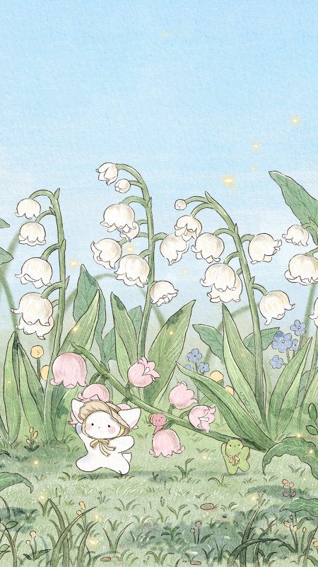 铃兰丛中小白兔戴草帽粉绿清新插画手机壁纸