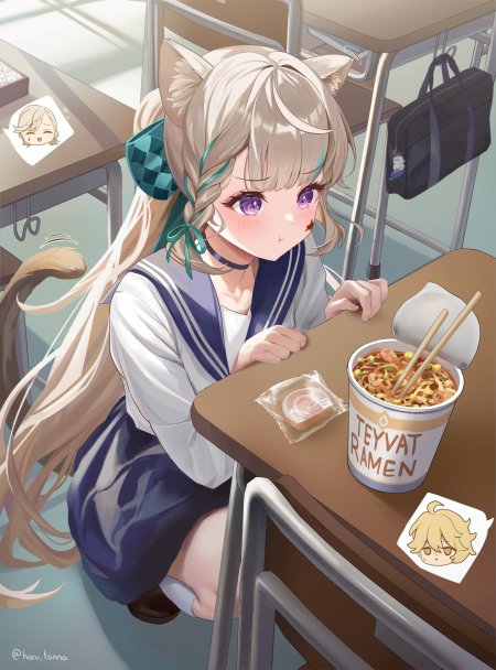 猫耳少女吃泡面教室场景粉紫动漫手机壁纸