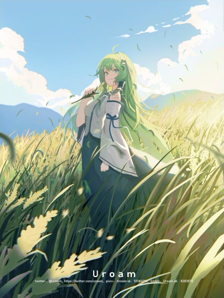 绿发少女麦田持穗清新蓝白动漫手机壁纸