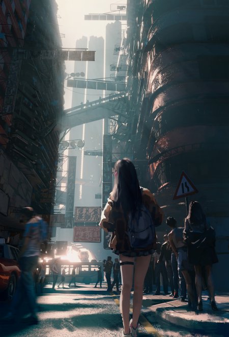 赛博朋克都市街景少女背影蓝灰科幻手机壁纸