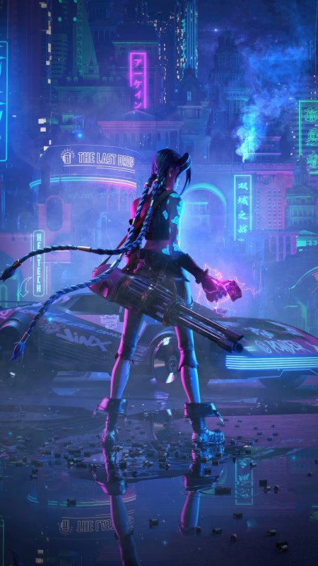 赛博朋克少女持枪站立紫蓝霓虹科幻手机壁纸