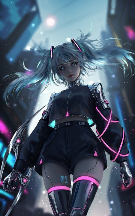 赛博朋克少女银发双马尾蓝紫霓虹动漫手机壁