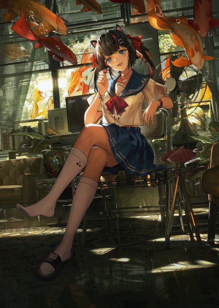 水手服少女金鱼环绕暖金动漫手机壁纸