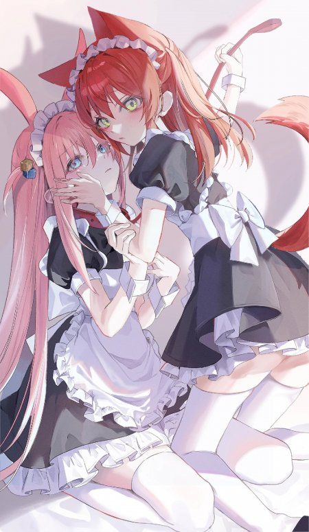 双马尾猫耳少女女仆装粉白动漫手机壁纸