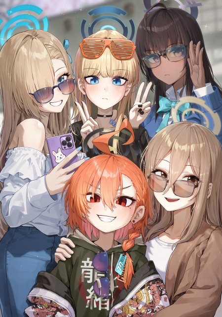 五位动漫少女自拍合影粉紫动漫手机壁纸