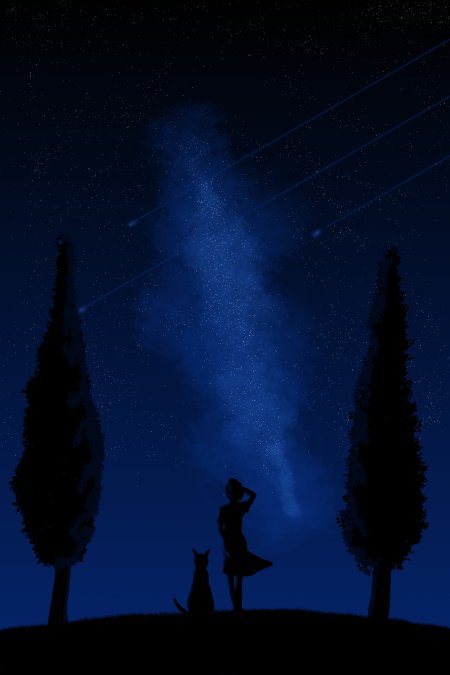 星空下少女与猫仰望银河蓝紫梦幻风景手机壁