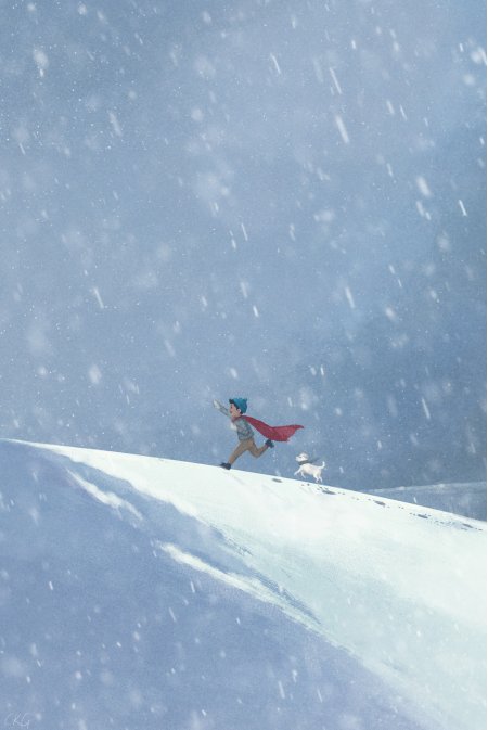 雪中奔跑男孩红披风白犬蓝调动漫手机壁纸