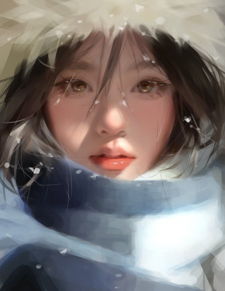 雪中少女毛绒帽围巾蓝白唯美动漫手机壁纸