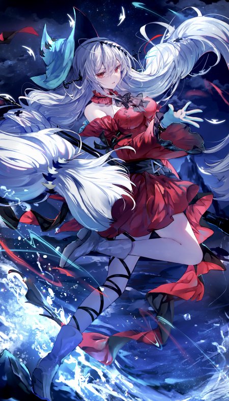 银发红裙少女星夜飞舞蓝紫动漫手机壁纸