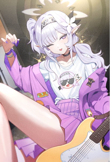 银发精灵少女持电吉他紫白动漫手机壁纸