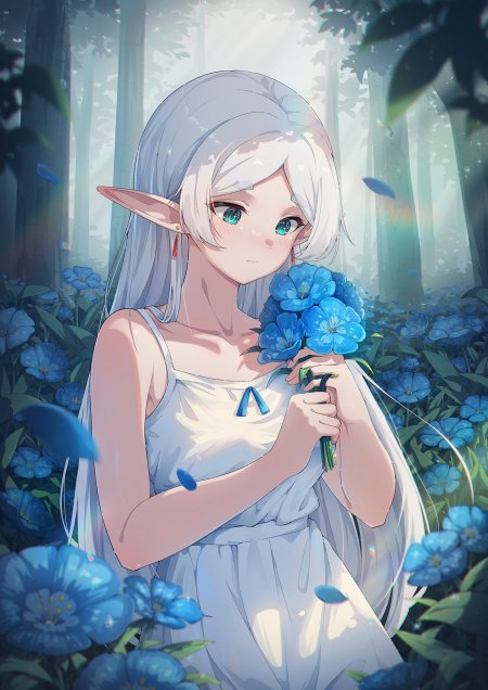 银发精灵少女持蓝花森林梦幻蓝白动漫手机壁