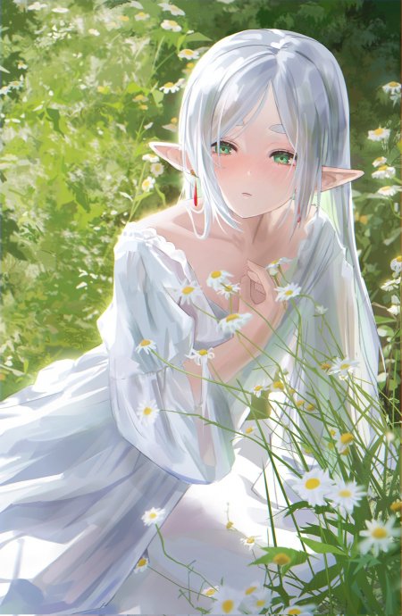 银发精灵少女捧雏菊绿意盎然动漫手机壁纸