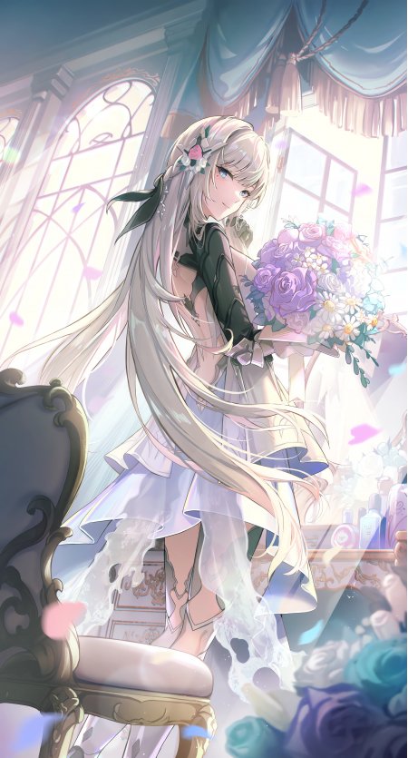 银发少女持花束窗边淡紫梦幻动漫手机壁纸