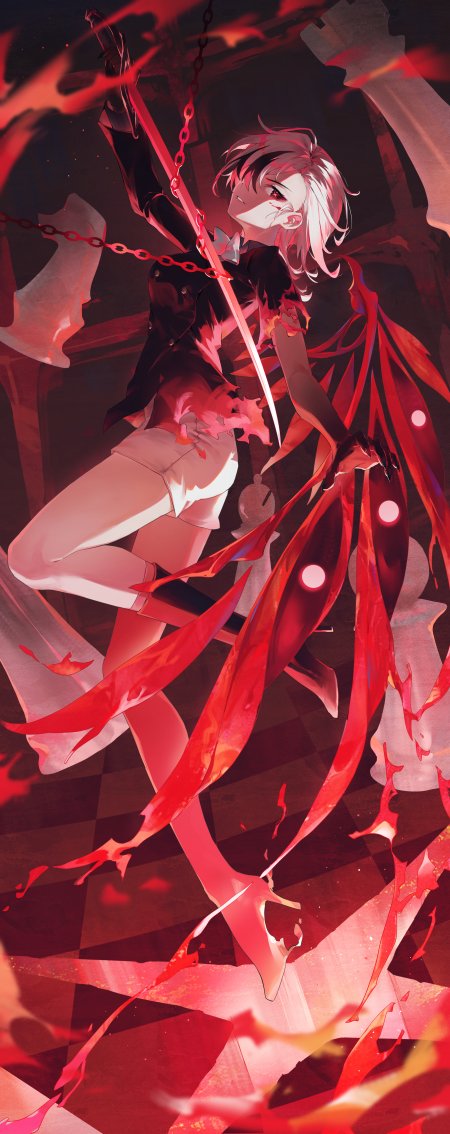 银发少女持剑红焰环绕暗红动漫手机壁纸