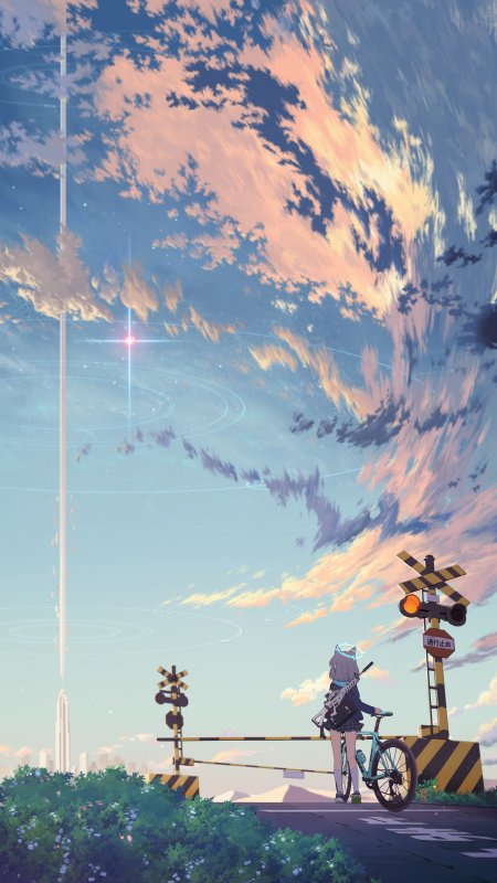 银发少女持枪守铁路粉紫梦幻动漫手机壁纸
