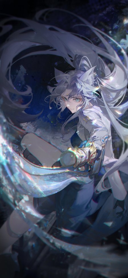 银发少女持械凝视蓝紫幻想动漫手机壁纸