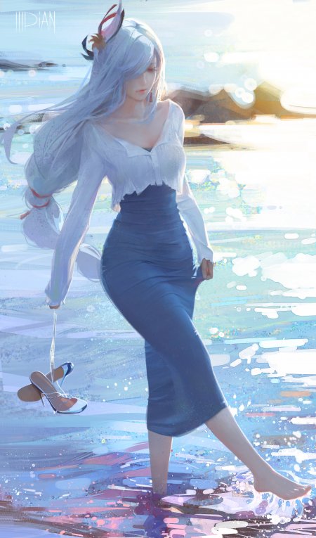 银发少女赤足涉水蓝白动漫手机壁纸