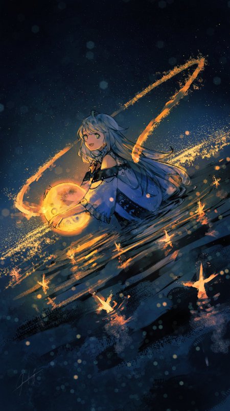 银发少女怀抱光球星轨环绕蓝金动漫手机壁纸