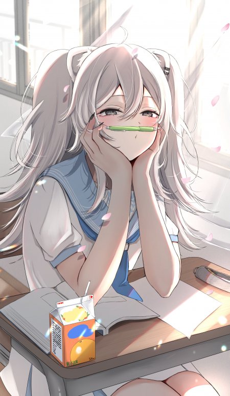 银发双马尾少女托腮咬笔粉白动漫手机壁纸