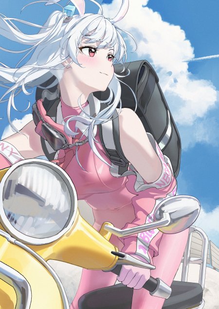银发兔耳少女骑黄色摩托粉紫动漫手机壁纸