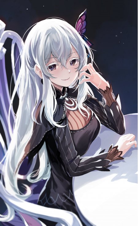 银发紫蝶少女微笑黑裙紫白动漫手机壁纸