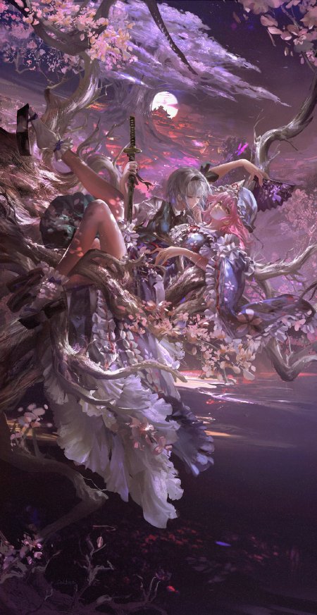 樱花树下双少女持剑依偎粉紫奇幻动漫手机壁