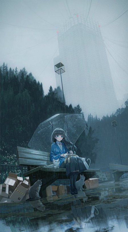 雨中少女撑伞坐长椅蓝灰动漫手机壁纸