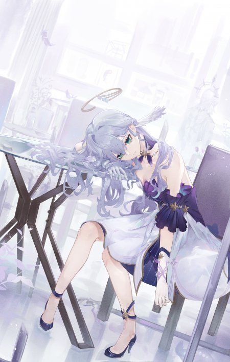 原神芙宁娜紫发绿眸少女优雅坐姿淡紫唯美动