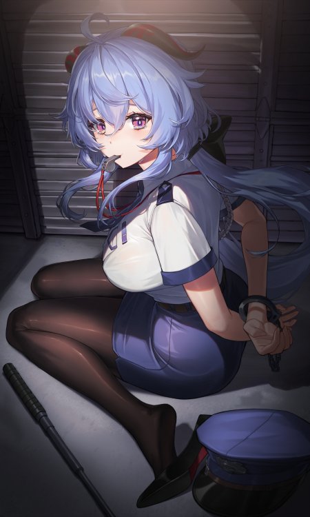 原神甘雨蓝发紫瞳制服少女暗调动漫手机壁纸
