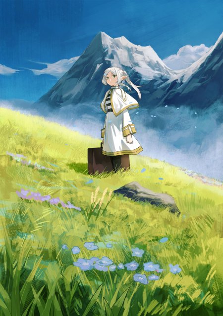 葬送的芙莉莲白发少女山野花田蓝绿动漫手机