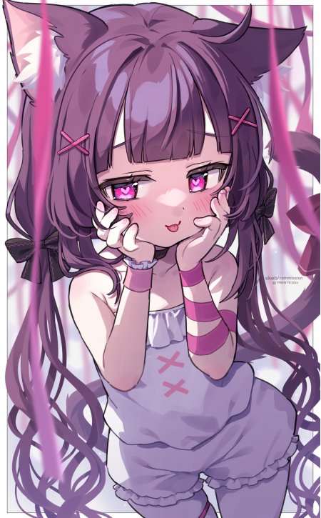 紫发猫耳少女粉瞳爱心眼动漫手机壁纸