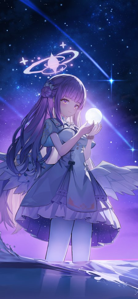 紫发少女捧月星空蓝紫动漫手机壁纸