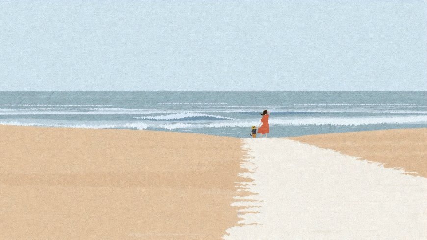 海边母子漫步浅蓝沙滩唯美插画电脑壁纸