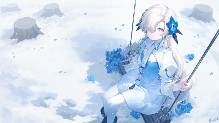 蓝发少女雪地秋千蓝白动漫电脑壁纸