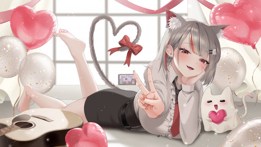猫耳少女比耶爱心气球粉白动漫电脑壁纸