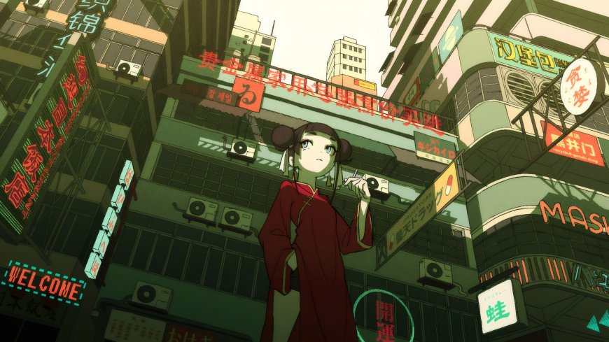 赛博朋克街道双马尾少女红衣绿调动漫电脑壁