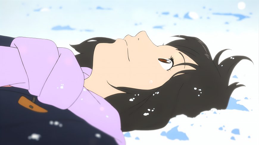 少女仰卧雪地黑发紫衣蓝白动漫电脑壁纸
